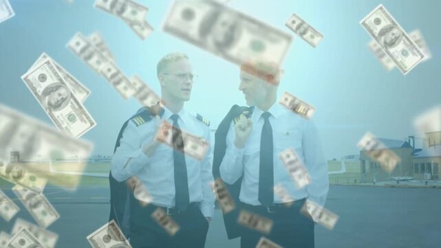 Pilots walking ramp to camera, money overlay drifting over them from start, showing aviation gains