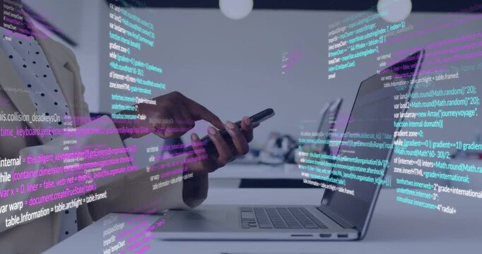 Woman dev tapping phone and pointing while cyan code overlays drifting across laptop debugging