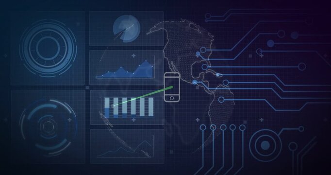 Globe animating on tech UI after panel activation phone icon shifting, green lines forming hub