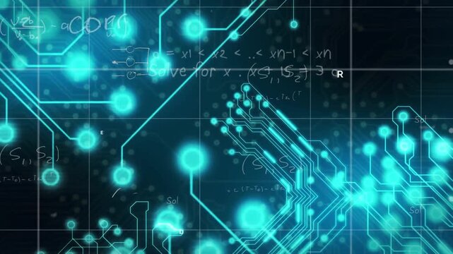 Vertical video: Teal circuit network pulsing on grid, zoom sparking node waves, math marks for tech