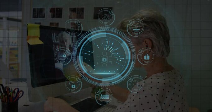 Vertical video: Woman typing, picking up object, starting cyber HUD rings, locks securing data