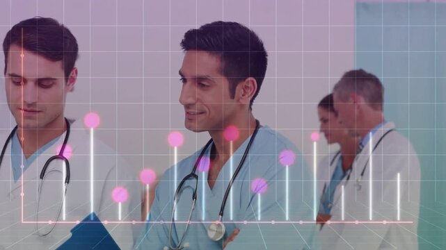 Doctor reading blue chart in medical hall activating animated grid with rising pink dots for review