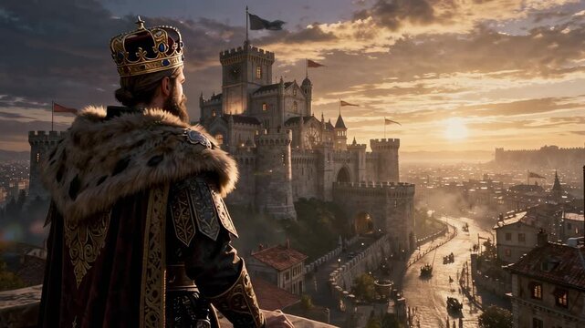 Majestic medieval king overlooking ancient stone castle and bustling city at sunset with dramatic sky