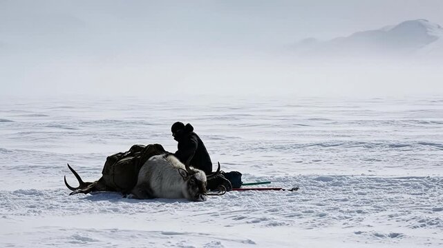 Nomadic reindeer herder resting with a pack animal in a vast snowy arctic landscape