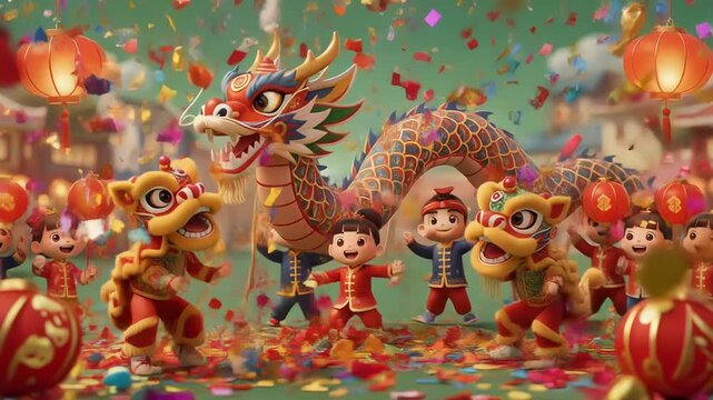 Festive Chinese New Year celebration with dragon dance kids in traditional costumes and colorful lanterns