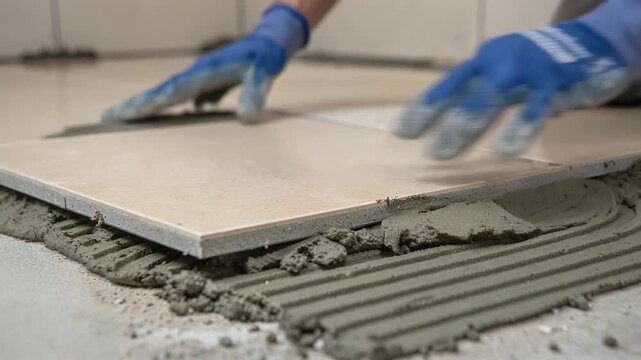 Close up of hands installing beige ceramic floor tiles with adhesive mortar for home renovation
