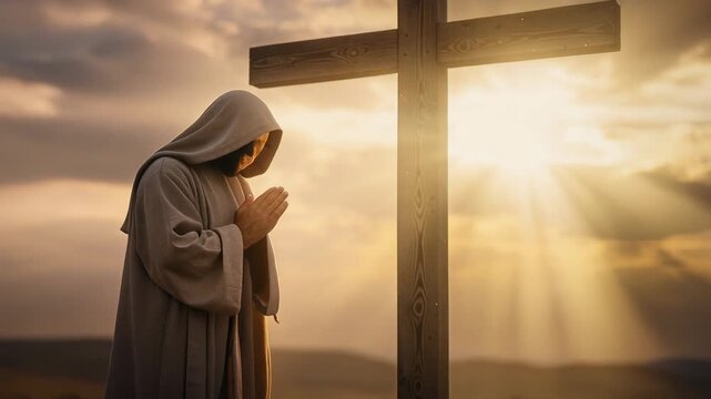 Religious person praying near wooden cross with sun rays in peaceful outdoor landscape