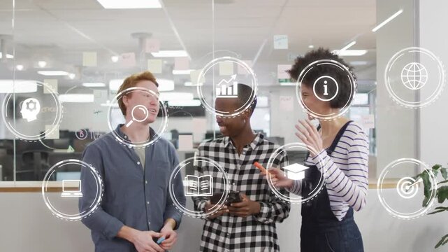Center woman tapping tablet, HUD icons appearing on glass while team pointing and discussing design