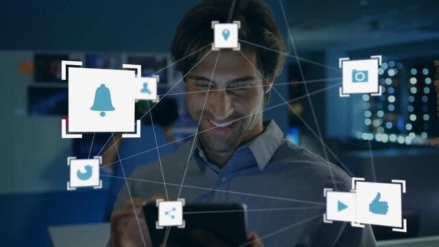 Man following on-screen prompts, tapping tablet, engaging with bell thumbs-up bird icons for social