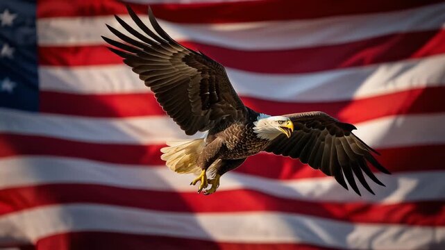 Majestic bald eagle flying with wings spread over a waving American flag background symbolizing freedom and patriotism