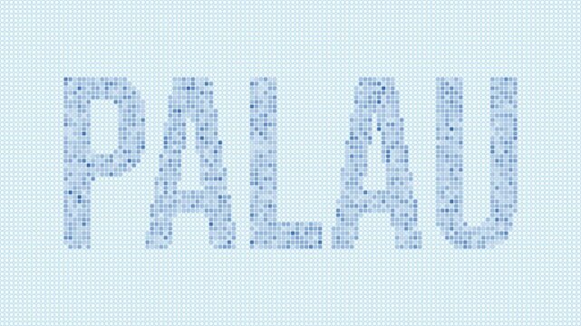 Palau dotted map animation. Digital style shape of the country. Palau shape and title dots appear with bulb flickering effect. Intro, outro, logo, title video.
