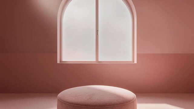 Minimalist interior with soft pink walls and round ottoman under arched frosted window in natural light