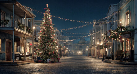 Naklejka premium Festive street scene features beautifully decorated Christmas tree surrounded by twinkling lights and garlands. charming buildings create warm, inviting atmosphere, perfect for holiday