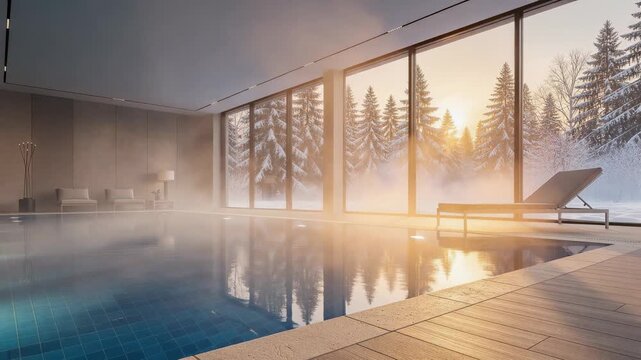 Indoor heated swimming pool with lounge chair overlooking snowy winter forest at sunrise