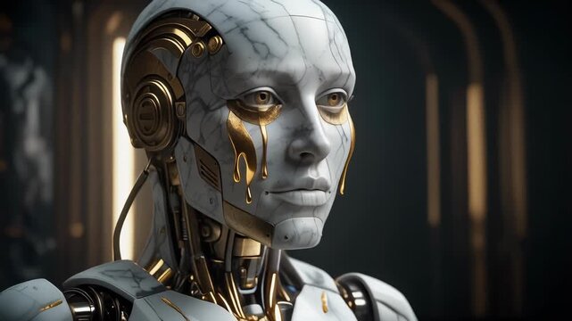 Futuristic marble robot with gold tears and intricate mechanical details in a dark ambient setting