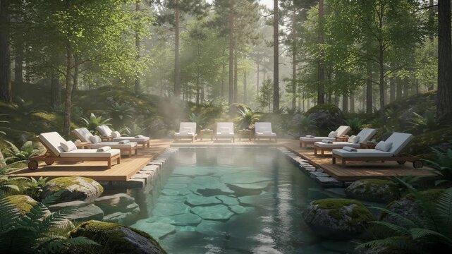 Luxury outdoor natural hot spring pool surrounded by forest with wooden lounge chairs and peaceful atmosphere
