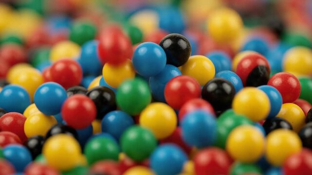 Colorful round plastic balls close up background with red blue yellow green and black spheres