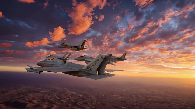 Sunset fighter jet formation flight over countryside and desert with dramatic sky. military