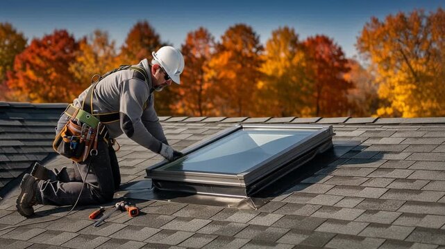 Professional roofer installing skylight on shingle roof with autumn trees background