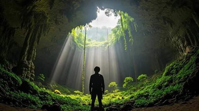 Young Male Explorer Standing in Sunlit Tropical Sinkhole Cave with Lush Greenery