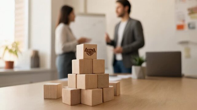 Wooden blocks stacked with handshake symbol in office meeting showing business partnership and teamwork