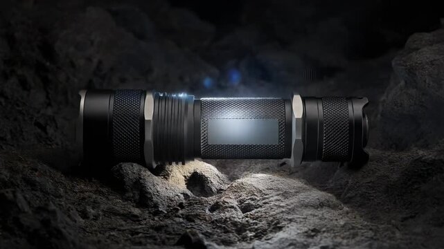 Powerful tactical flashlight illuminating rocky cave with bright white light for outdoor adventure