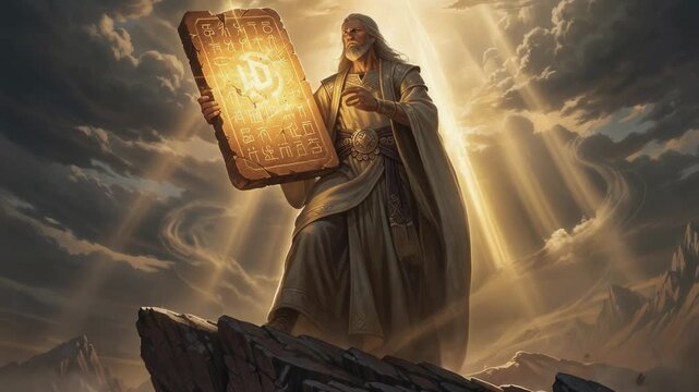 Epic ancient prophet holding a glowing stone tablet with mystical symbols in a dramatic mountainous landscape