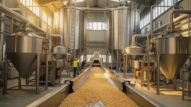 Modern factory interior with automated production line processing soybeans in industrial food manufacturing plant