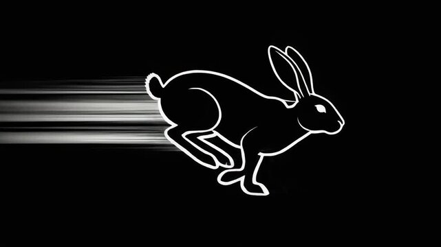 Fast running rabbit silhouette with motion blur on black background representing speed and agility