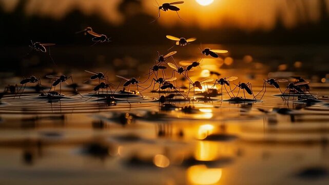 Close up of water striders on surface of water at sunset with warm golden light and nature reflections