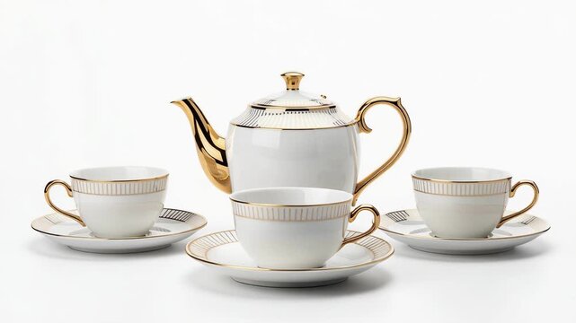 Elegant white porcelain tea set with gold accents including teapot and three cups with saucers on white background