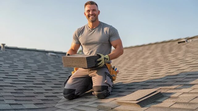 Smiling roofer holding shingles on residential roof during sunny day home repair