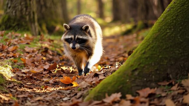 Raccoon forest trail with autumn leaves, curious woodland animal walking leaf strewn path soft light