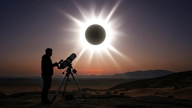 Adult male eclipse chaser watching total solar eclipse with telescope in remote desert