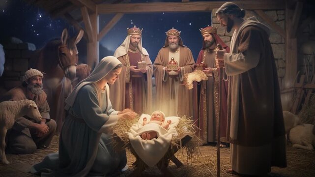Nativity scene with baby Jesus Mary Joseph and three wise men in a stable at night