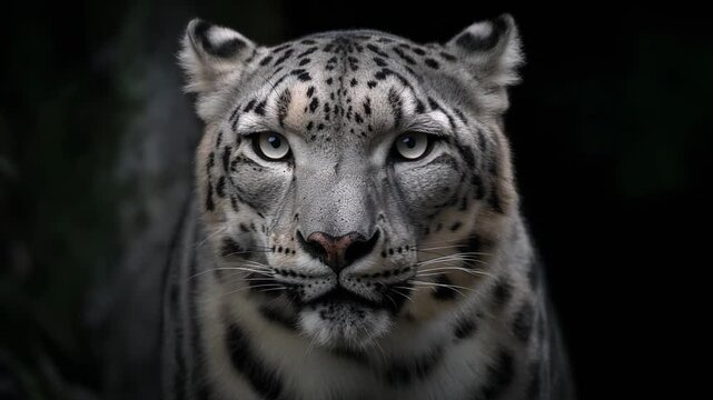 Close up portrait of a majestic snow leopard with piercing eyes in dark natural background