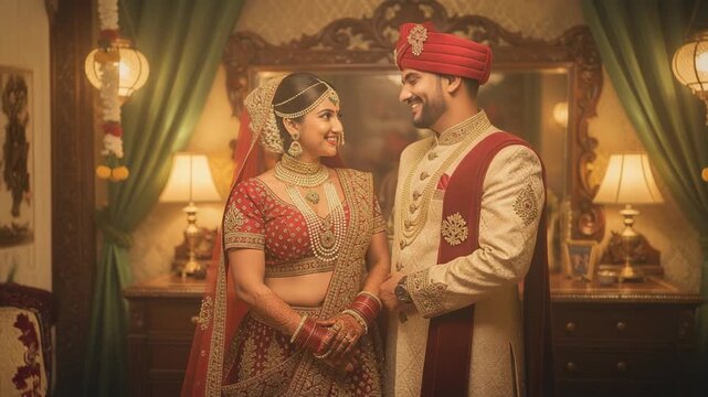Happy Indian bride and groom in traditional wedding attire smiling indoors with elegant decor