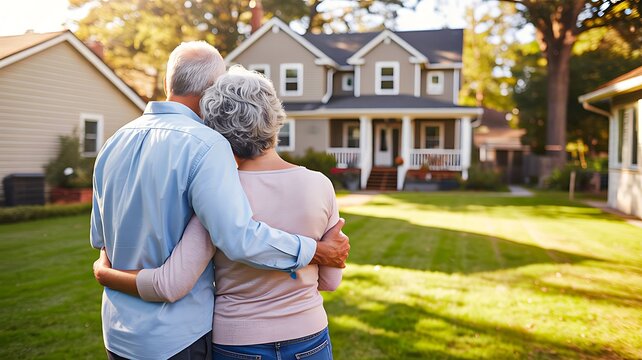 Senior couple standing together in front of suburban house representing retirement lifestyle and home ownership concept
