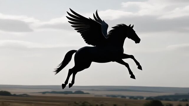 Silhouette of a black winged horse flying over a scenic countryside landscape at dusk