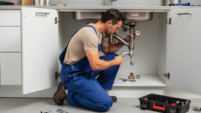 Professional plumber repairing kitchen sink pipes with tools and toolbox in modern home