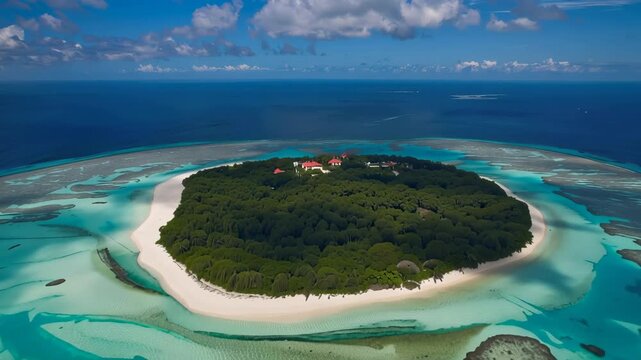 Tropical island aerial view turquoise lagoon white sand serene coral atoll peaceful retreat