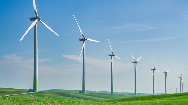 Sustainable green energy with large wind turbines generating power in grassy rolling hills under a clear blue sky