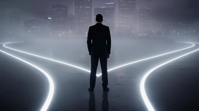 Businessman standing at a glowing forked road in foggy cityscape symbolizing decision making and future paths