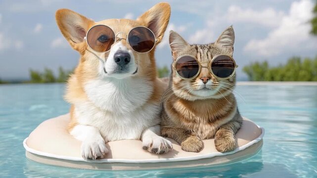 Adorable Corgi dog and tabby cat wearing sunglasses on a pool float in a bright swimming pool.