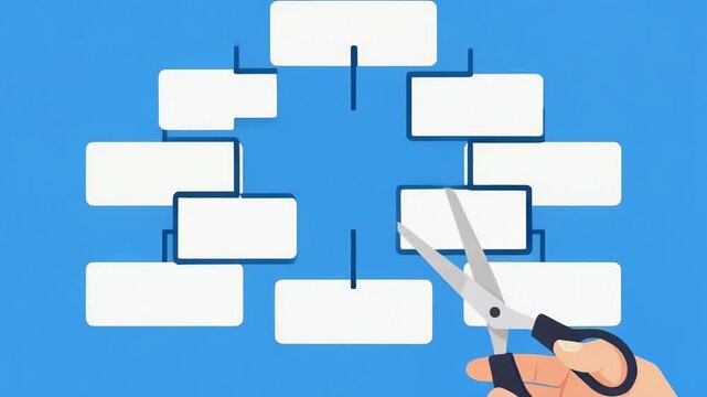 Hand holding scissors cutting a flowchart symbolizing business restructuring and organizational change