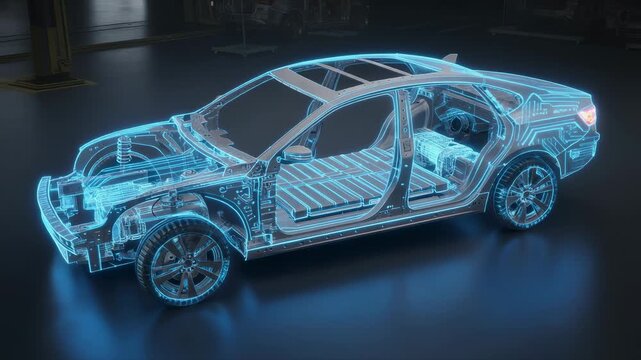 Futuristic glowing electric car frame with visible battery and chassis technology in dark environment