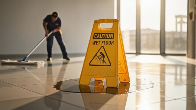 Yellow caution wet floor sign with janitor cleaning shiny tiled floor in office building