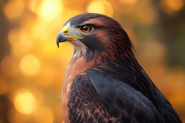 Fototapeta premium Close up portrait of a hawk with brown and chestnut feathers, a sharp yellow beak, and a keen eye, set against warm autumn bokeh.