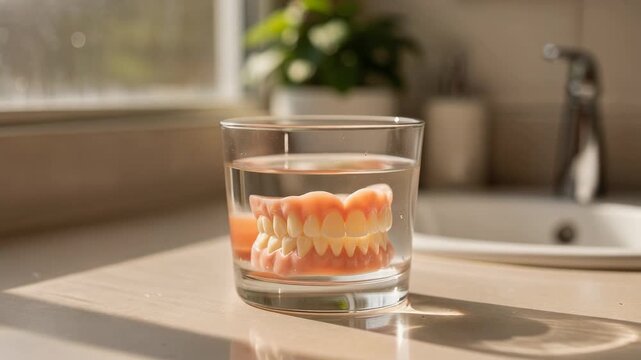 Close up of dentures soaking in a glass of water on bathroom counter with natural light