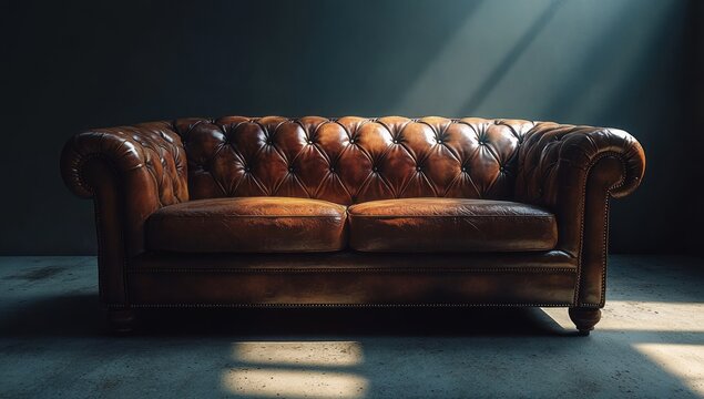 worn brown tufted leather sofa with rolled arms and nailhead trim on a concrete floor in a dark moody room lit by sunbeams, evoking cozy nostalgic solitude